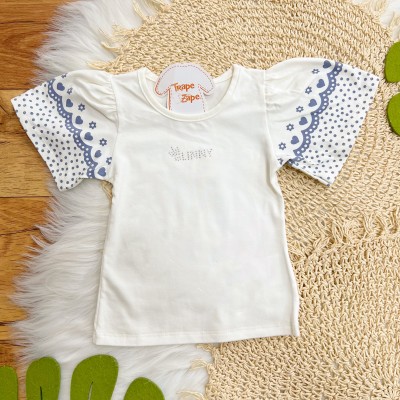 Conj. Blusa Manga Flare Corações e Short - Off White e Azul Jeans